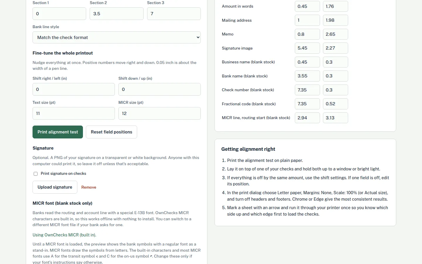 Layout and alignment screen in the app, set to blank check stock for Sample Company LLC. Sample data.