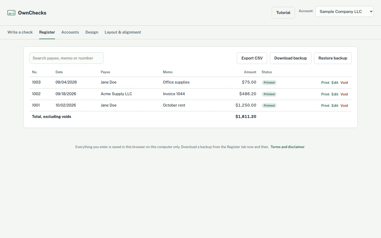 Check register in the app, with sample checks to Jane Doe and Acme Supply LLC. Sample data.