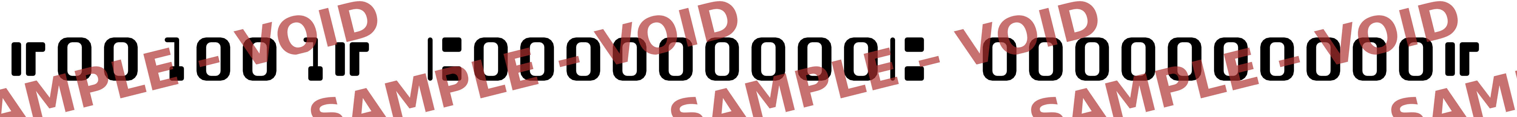 Close-up of a sample MICR line printed by the app. Routing and account numbers are zeros. A diagonal SAMPLE – VOID watermark crosses the line.